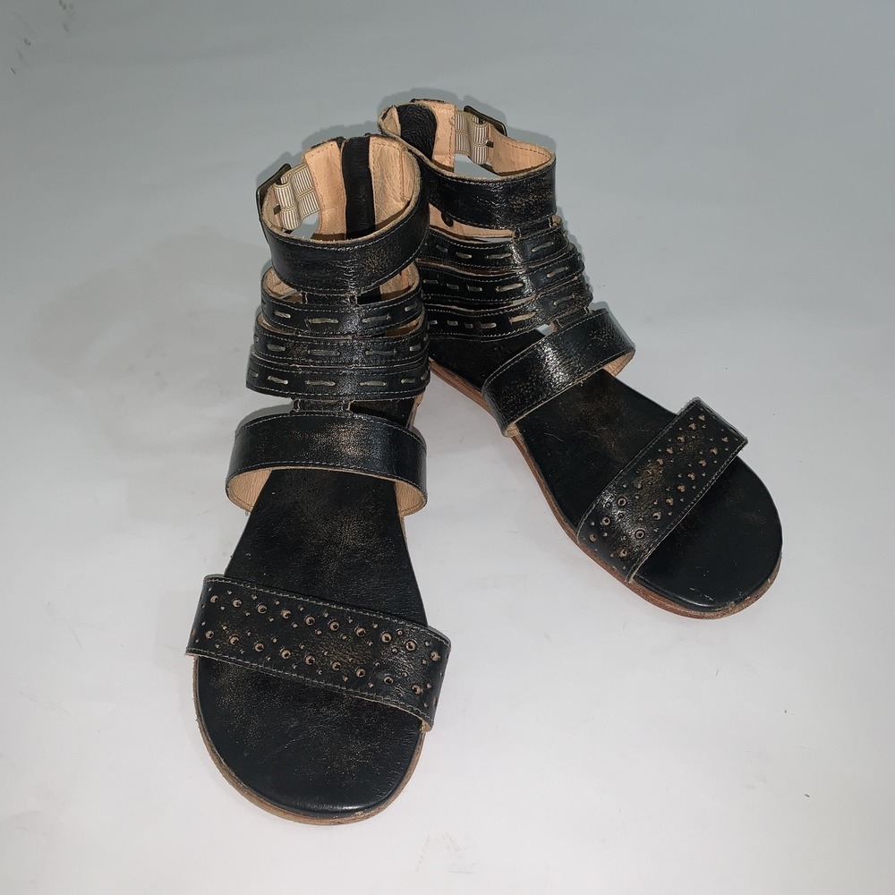 Bed Stu Artemis Sandals Womens 7 Black Leather Gladiator Studded Zip Ankle Strap